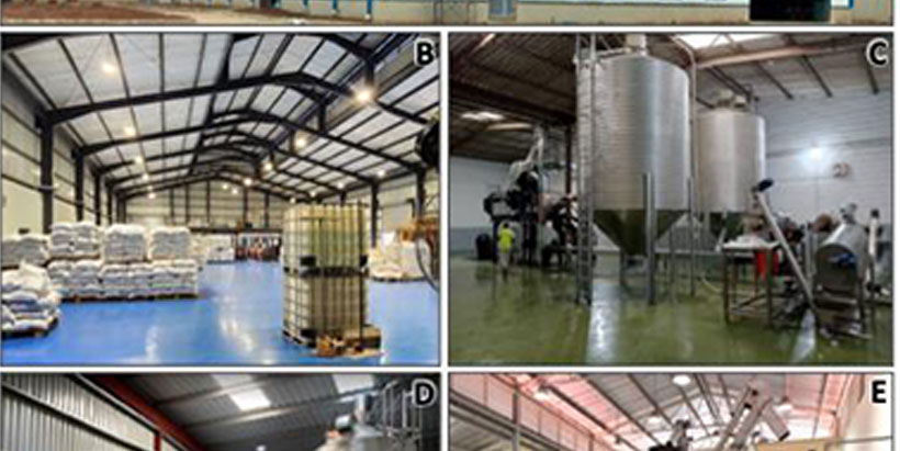 Manufacturing facilities constructed by HarvestField Industries Limited in Nigeria (A, B), BAMTAARE SA in Senegal (C), A to Z Textiles Limited in Tanzania (D), and Kenya Agriculture and Livestock Research Organization (KALRO) in Kenya (E). Other facilities have been constructed in Mozambique by AflaLivre, in DR Congo and Burundi through World Bank projects, while facilities are being constructed in Sierra Leone and Madagascar through World Bank projects. 