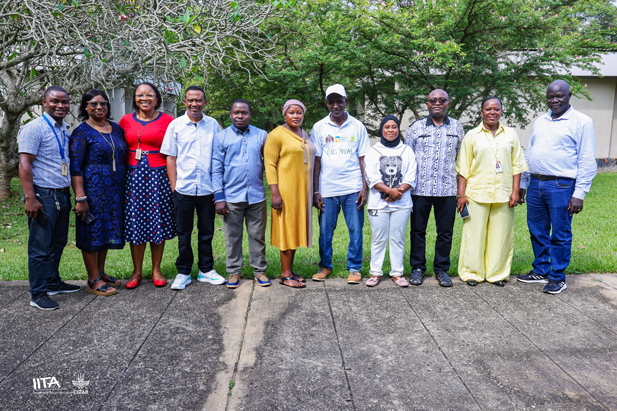 Dr Silvestro Meseka, Prof John Derera and Dr Wende Mengesha with the IITA team and the Gambia representatives
