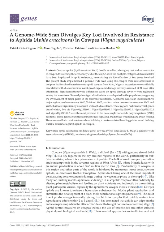 A genome-wide scan divulges key Loci involved in resistance to aphids (Aphis craccivora) in cowpea (Vigna unguiculata)
