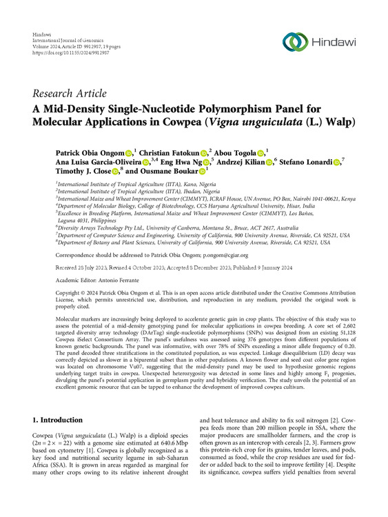 A mid-density single-nucleotide polymorphism panel for molecular applications in cowpea (Vigna unguiculata (L.) Walp)