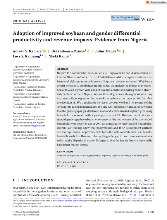 Adoption of improved soybean and gender differential productivity and revenue impacts: evidence from Nigeria
