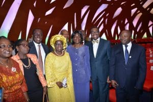 Picture of DG Nteranya Sanginga (rightmost)  and other guests with Akinwumi Adesina (second from right) during the inauguration