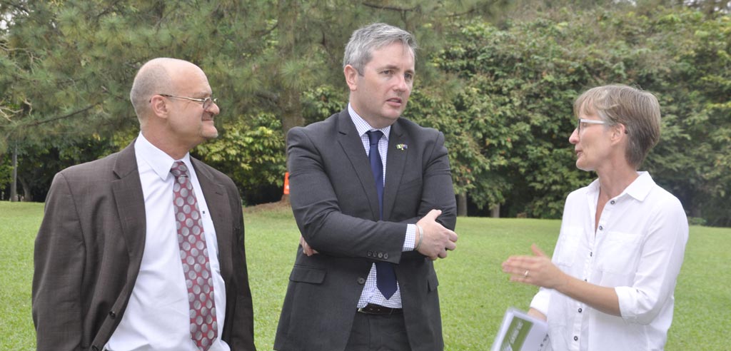 Picture of IITA DDG Partnership for Delivery Kenton Dashiell (left) and Lehmann listen attentively as Ylva Hillbur, IITA DDG Research (right), highlights major agricultural research activities at IITA.
