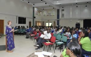 Picture of Jane Bennett addressing members of staff during the gender awareness seminar.