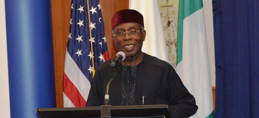 Picture of the Honorable Minister of Agriculture Chief Audu Ogbeh delivering his speech at the event.