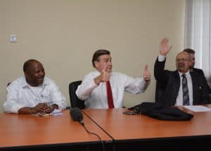 Picture of H.E Ambassador Symington (center) gives thumbs up sign to IITA to the excitement of DG Sanginga (left)  and DDG Dashiell (right).