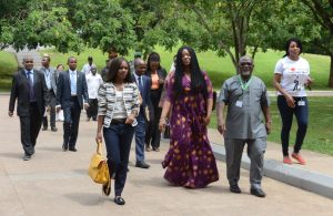 Picture of Deputy Director General, Special Duties, Kwame Akuffo-Akoto, welcomes the Finance Minister’s party to IITA with Interim Head of the Youth in Agribusiness Office, Evelyn Ohanwusi.