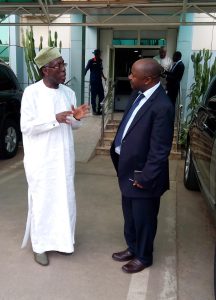 Picture of The Honorable Minister of Agriculture, Chief Audu Ogbeh talking to DG N. Sanginga