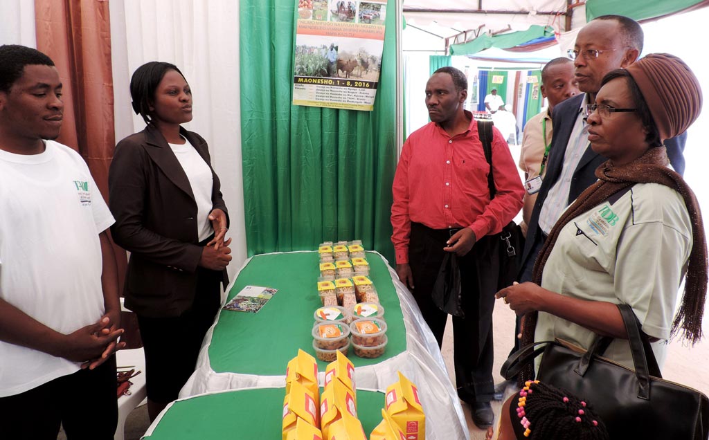 Picture of Board chair and the MD of the Tanzania Agricultural Development Bank (TADB) listening to TYA youth on their activities and products.