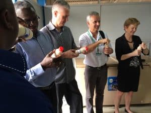 Picture of IITA’s DG Nteranya Sanginga, IWMI’s Africa Director Timothy Williams, CGIAR’s CEO Frank Rijsberman, IITA Board member Roel Merckx  and Bioversity International’s DG Ann Tutwiler tasting soy milk in the BIP.