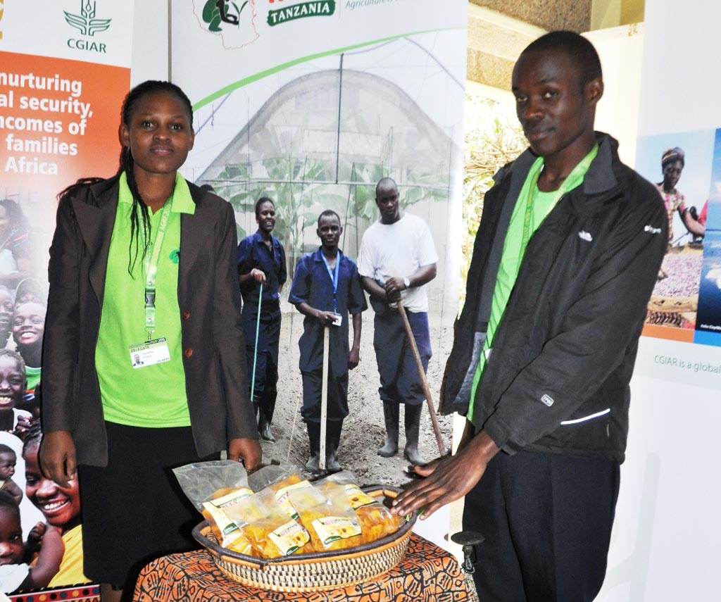 Picture of Veronica Kichanta and Julius Muli, IITA Agripreneurs fromTanzania and Kenya, respectively, at the IITA stand, CGIAR exhibition.