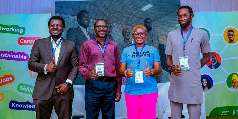 A group photograph of some of the panellists (L-R): Business Development Officers at the IITA Youth in Agribusiness Office (IYA), Mr. Oyelekan Oyeniyi and Mr. Idowu Osun; COO of Ashdam Solar Company, Ms. Damilola Asalaye; and Lead of Soiless Farm Lab, Mr. Samson Ogbole, following a panel discussion.