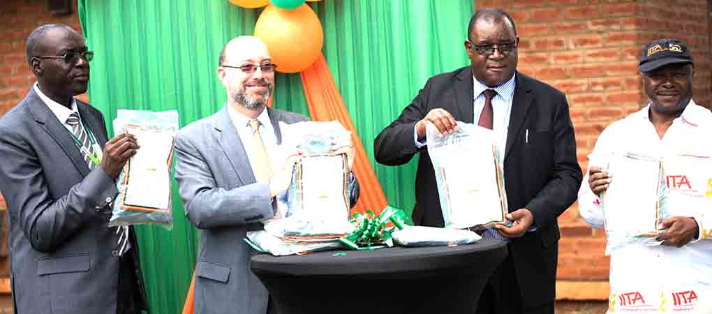 Showing off Aflasafe products: (L-R) MISST Project Advisor, Dr Patrick Okori; US Deputy Chief of Mission, Andrew Hirrup; Controller of Agriculture Services, Dr Alex ander Bulirani; and DG Sanginga