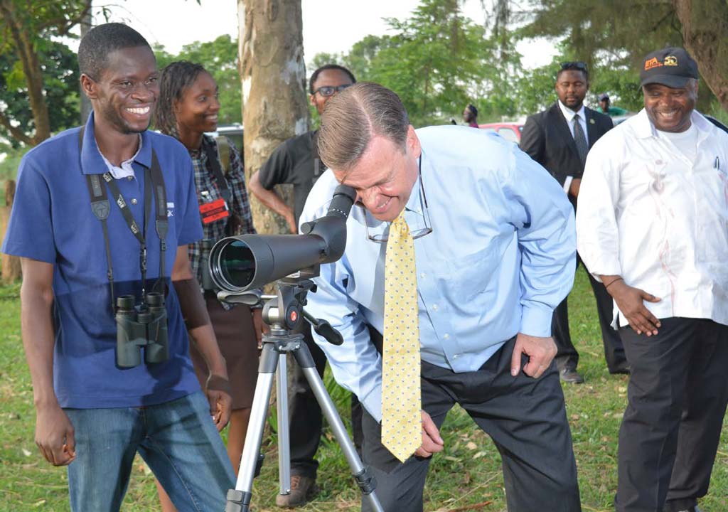 Picture of Ambassador Symington bird watching with DG Sanginga and members of IITA’s bird watching team.
