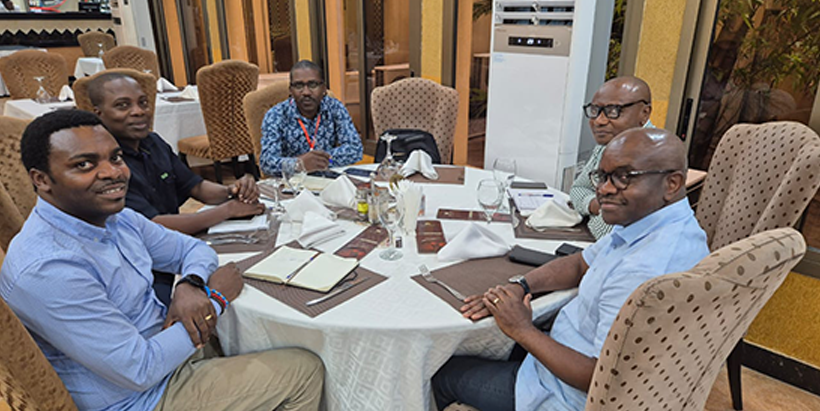 Benjamin Muganga, Technology Transfer Officer, TAAT Cassava Compact; Adeniyi Ogunkoya, Cassava Processing Specialist, Cassava Value Chain Development Project, IITA Kinshasa; and Idowu Osun, Business Development Officer, ENABLE-TAAT Compact with Kasereka Katondolo Zibrael and Yongesa Mbunge Didier, Representatives of Bien-Être Vivre SARL, DRC.