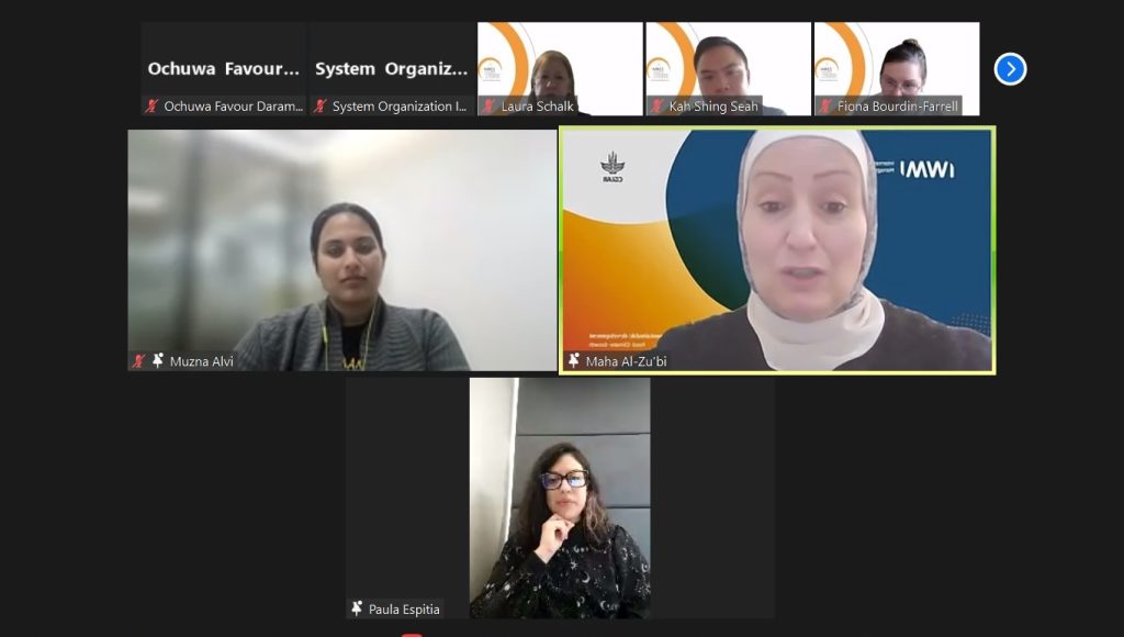 Muzna Alvi moderating the panel session with Maha Al-zu’bi and Paula Espitia.