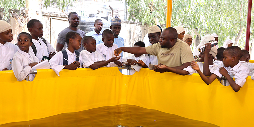Cradle to Career students at the YAS building feeding catfish.