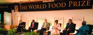 Picture of DG Nteranya Sanginga serving as a panel member at a session in the World Food Prize 2018 in Des Moines, Iowa