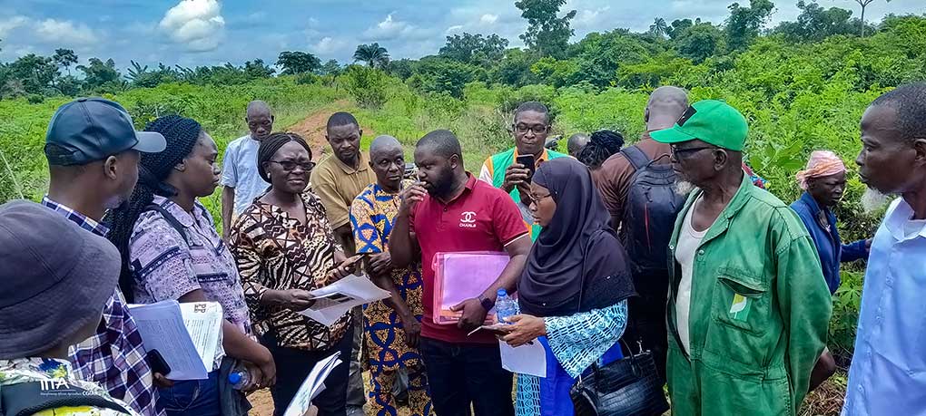 Dr Aighewi and Prof Balogun with farmers during the field day in Uromi.