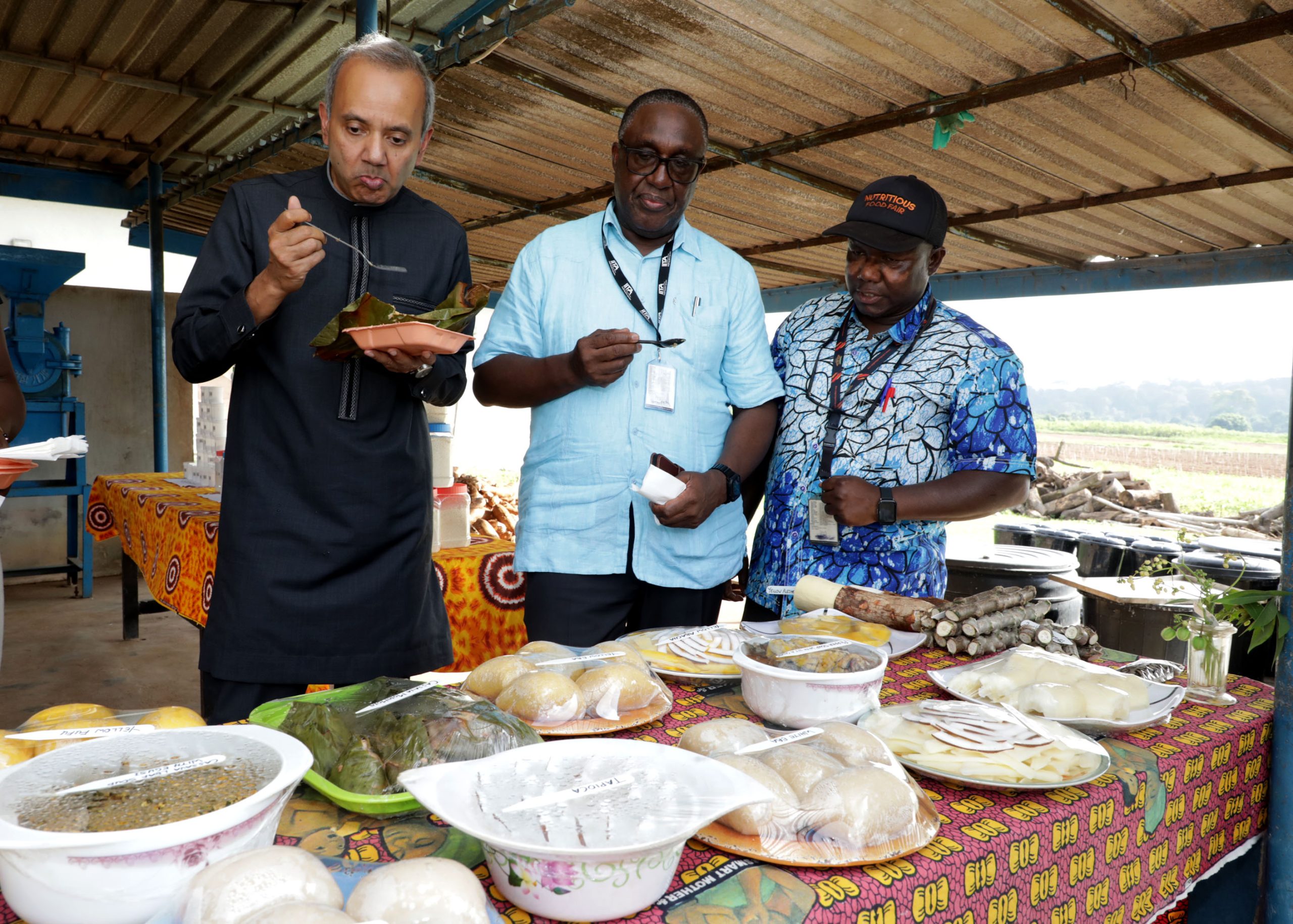 Dr Chaudhuri with IITA Director General Dr Ehui and Dr Akande at the IITA Cassava processing center.