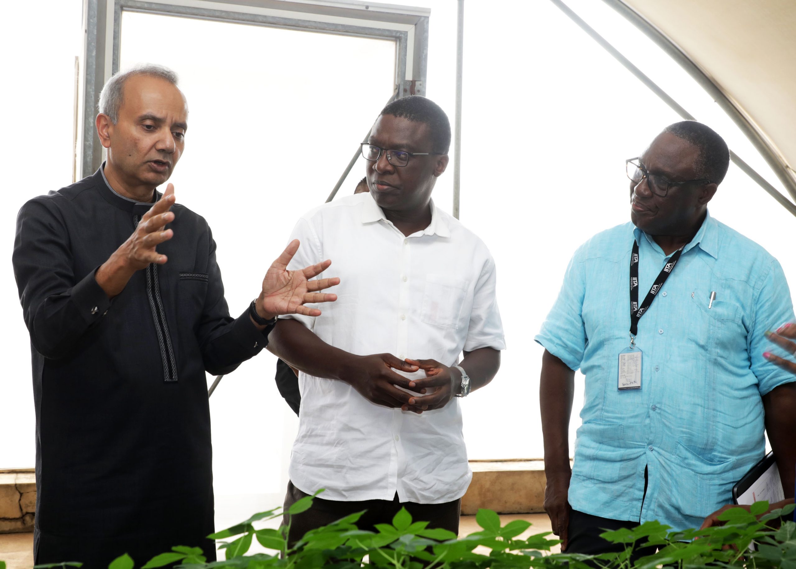 Dr Chaudhuri with IITA Director General Dr Ehui and Dr Akande at the SAH laboratory.