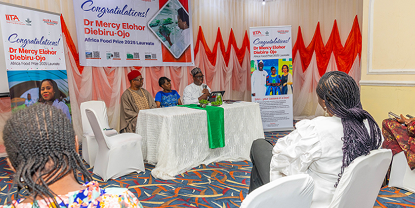 Dr Simeon Ehui speaking with the press during the media conference, Dr Mercy Diebiru-Ojo and Professor Chiedozie Egesi.