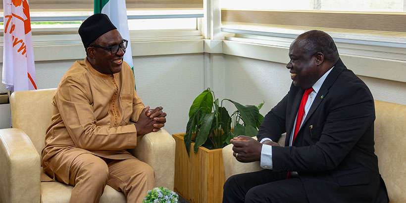 Dr Simeon Ehui with Ambassador Christophe Bazivamo during the visit to IITA headquarters in Ibadan.