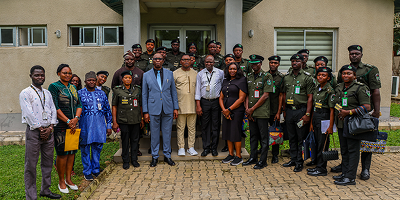 Dr Vincent Isegbe, CG NAQS with NAQS officials and IITA GHU staff at IITA Yam Multiplication Laboratory following an update on IITA’s innovative works in rapid seed multiplication technologies, led by Olugboyega Pelemo, IITA Seed Systems Manager Yam Breeding Program