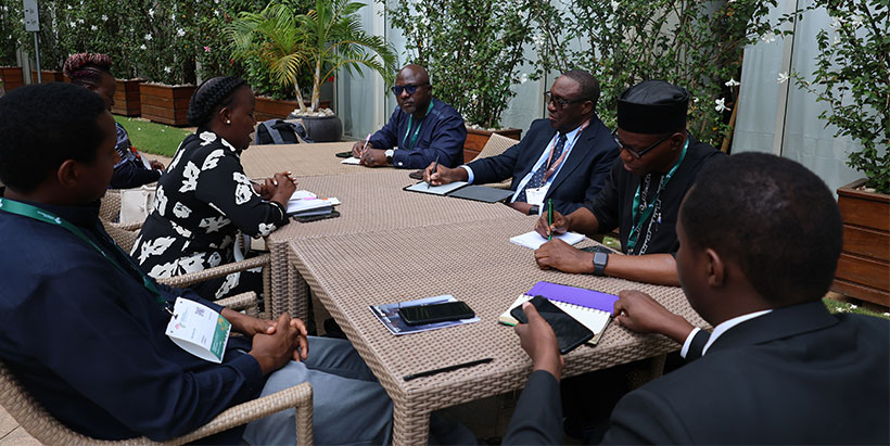 IITA Director General and CGIAR Regional Director for Continental Africa, Dr. Simeon Ehui during discussions with Deputy Director General for Agriculture Development, Rwanda Agriculture and Animal Resources Development Board (RAB), Dr. Florence Uwamahoro, and the IITA and RAB team.