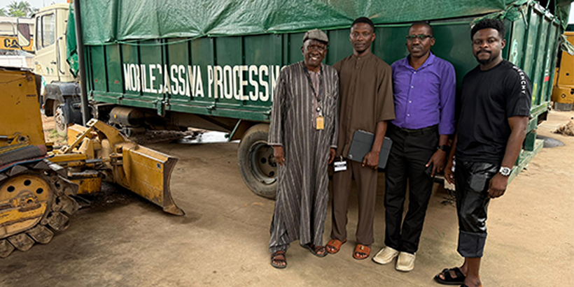 Engineer Thierno Diallo, IITA Postharvest Specialist; Ismail Oyinlola and Oluwasegun Ibajesomo, Representatives of Agroloop Farms Limited, Nigeria; and Idowu Osun, Business Development Officer, ENABLE-TAAT Compact, during the visit of Agroloop Farms Ltd representatives to the Mobile Cassava Processing Plant at IITA Headquarters.