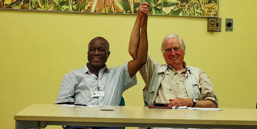 Forest fathers, Prof David Ladipo and Dr John Peacock, celebrating proud moments with IITA Forest Center staff.