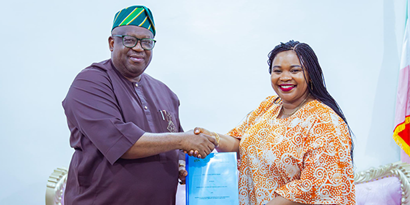 Governor Caleb Mutfwang of Plateau State (left) and the CEO, IITA Youth Agripreneurs, Ms Aline Mugisho after the MoU signing ceremony in Jos, Plateau State capital