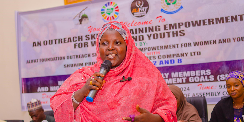 Hajia Amina Abubakar, facilitating a soft skills training session with Alifat Foundation. 