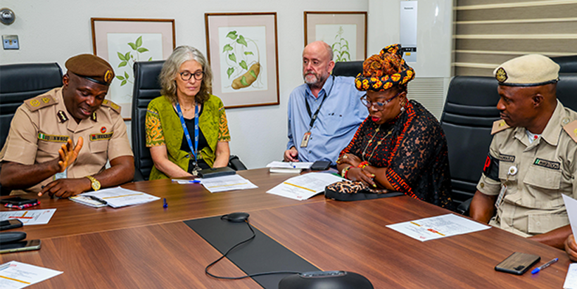 Hilde Koper-Limbourg and Chief of Staff to IITA Director General, Ibnou Dieng, welcoming NDLEA Chairman and his team to IITA.