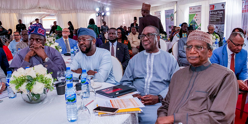 L-R: Minister of State for Agriculture and Food Security, Senator Sabi Abdullahi; the Permanent Secretary and IITA Board member, Mr Temitope Fashedemi; Director-General, IITA, Dr Simeon Ehui; and Chairman, Board of Trustees, WorldFish, Prof Baba Yusuf Abubakar