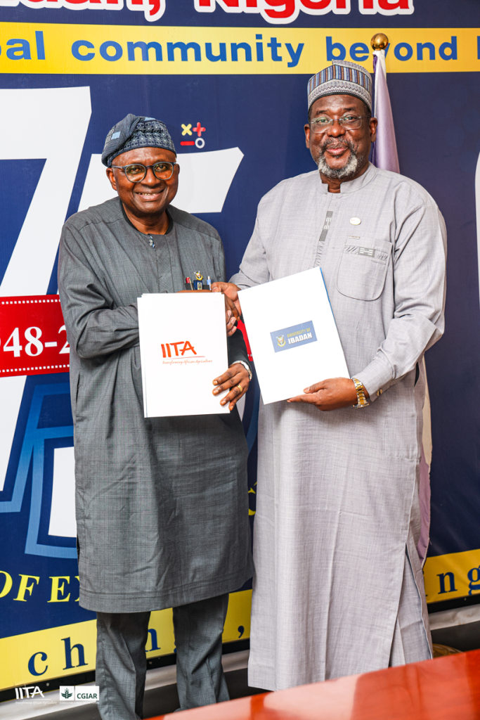 UI VC, Professor Kayode Adebowale (Left) and IITA DDG P4DS, Dr Tahirou Abdoulaye (Right) seal the renewed partnership with a handshake after the MoU signing ceremony.
