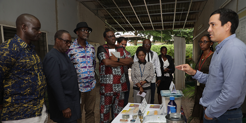 IITA DG Dr Simeon Ehui with Dr Baboucarr Manneh, Dr Attah-Krah, Dr Tunde Amole at the Aflasafe Unit.