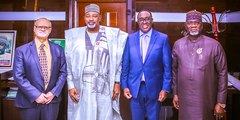(L-R) IITA Deputy Director General Partnership for Delivery Dr. Kenton Dashiell, Minister for Agriculture and Food Security Honorable Abubakar Kyari, IITA Director General and CGIAR Regional Director for Continental Africa Dr. Simeon Ehui and outgoing Permanent Secretary Dr. Ernest Umakhihe.