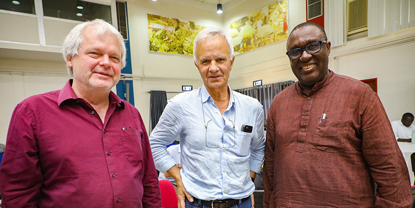 IITA Director General and CGIAR Director for Continental Africa Dr Simeon Ehui (r) with IITA Board Chair Prof Roel Merckx (m) and Dr Ben Vanlauwe (l) during the Work Planning Week.