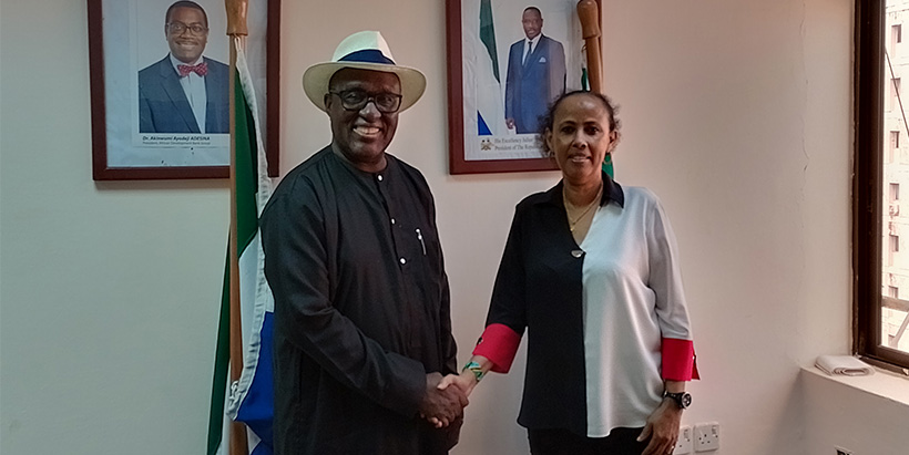 IITA Director General and CGIAR Regional Director for Continental Africa Dr. Simeon Ehui with the AfDB Sierra Leone Country Manager Halima Hashi (Photo credit: Timilehin Osunde/IITA).