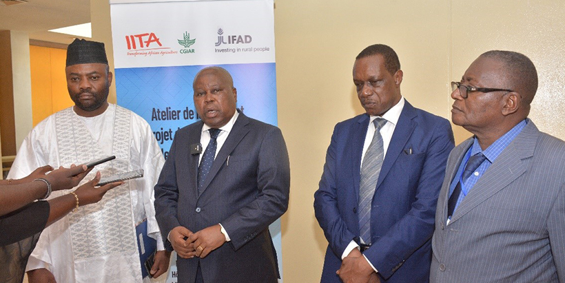 Speaking with journalists, (left to right) IFAD DRC Country Director Valentino Achancho, Minister of Rural Development His Excellency François Rubota Masumboko, IITA Central Africa Hub Deputy Director Zoumana Bamba, and DG of INERA Lutaladio Ne Bambi.