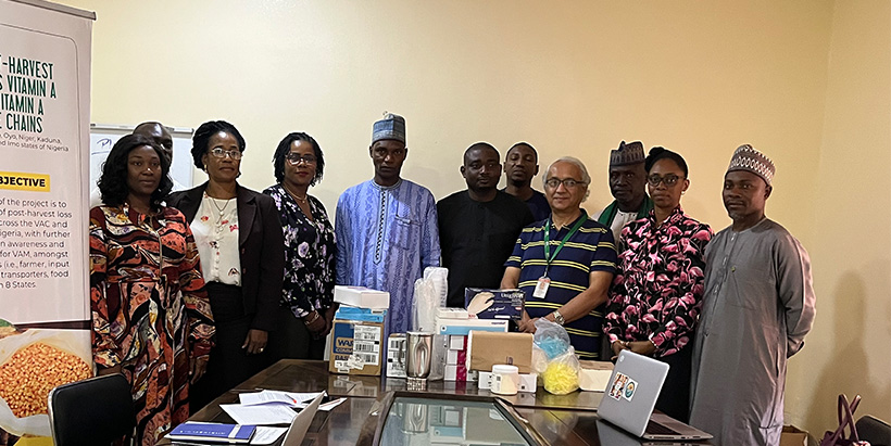 IITA's Titilayo Falade (second right) and Prakash Kant Silwal (fourth right) handing over the mycotoxin testing equipment and accessories to the NAFDAC and CFARAP teams.