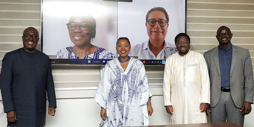 L-R Dr Simeon Ehui, Dr Namukolo Covic, Dr Éliane Ubalijoro, Dr Aly Abousabaa, Professor Appolinaire Djikeng and Dr Baboucarr Manneh.