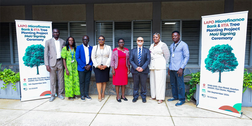 L-R Brandie Stevens-Igbe, Head of Sustainability LAPO Microfinance Bank; IITA-CGIAR Deputy Director General Partnerships for Delivery, Kenton Dashiell; Gloria Bako, Executive Director LAPO Microfinance Bank; and Morenike Abu, IITA Head Legal Team at the Tree Planting MoU signing at IITA headquarters Ibadan.