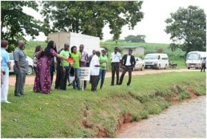 Picture of Officials from the Federal Ministry of Finance during a tour of the catfish ponds in IITA, Ibadan, established  and maintained by youth Agripreneurs. 