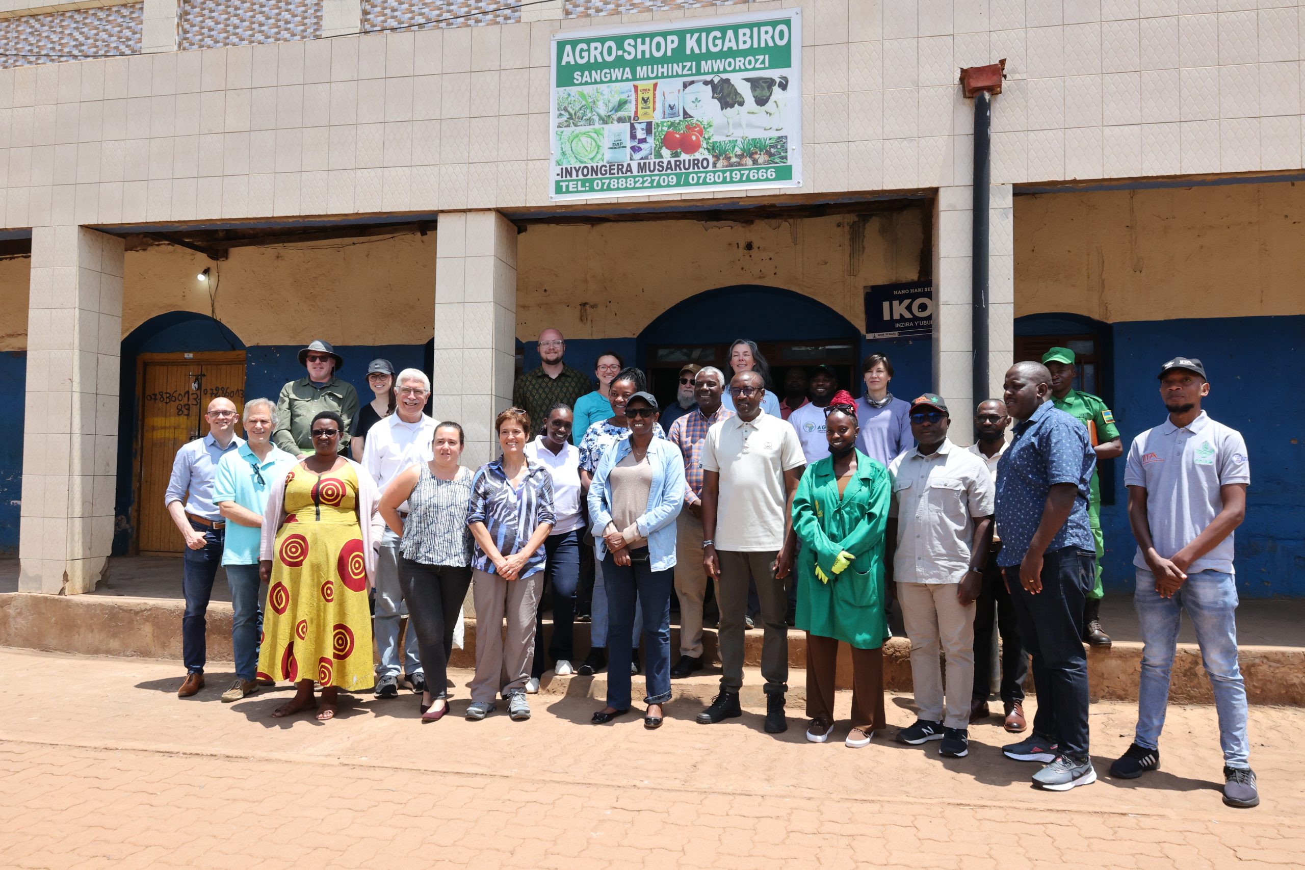 High-ranking officials from AGRA, USAID, IITA, and local administration in Rwanda visit an agrodealer in Rwamagana District, Eastern Province, Rwanda.