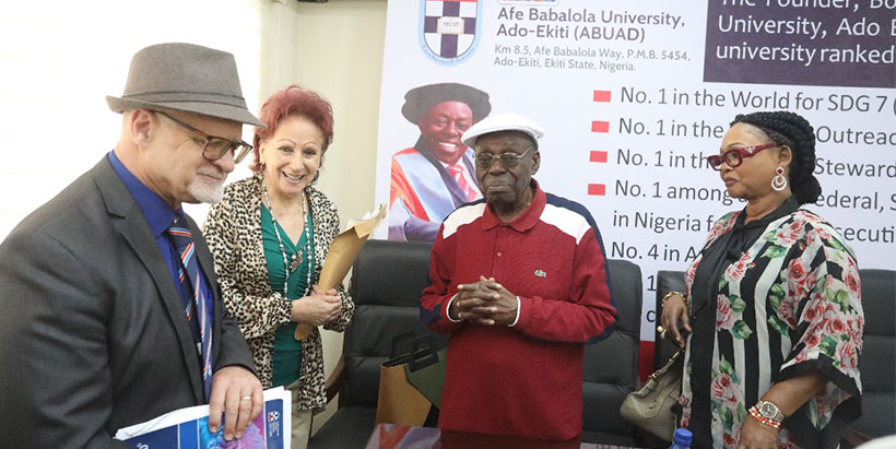 (L-R) Deputy Director-General, Partnerships for Delivery, IITA, Dr. Ken Dashiell; Vice-Chancellor, ABUAD, Prof. Elisabeta Smaranda Olarinde; Founder of ABUAD, Aare, Afe Babalola and his wife, Yeye Modupe Babalola.