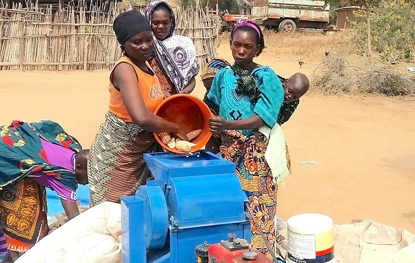 Rural women (Kongwa District, Tanzania) use a low-cost maize thresher run by a diesel engine. The technology reduces labor needs by 77% and frees 90% of time spent in manual shelling for other income-generating activities or household duties (Photo: C. Mutungi/IITA).