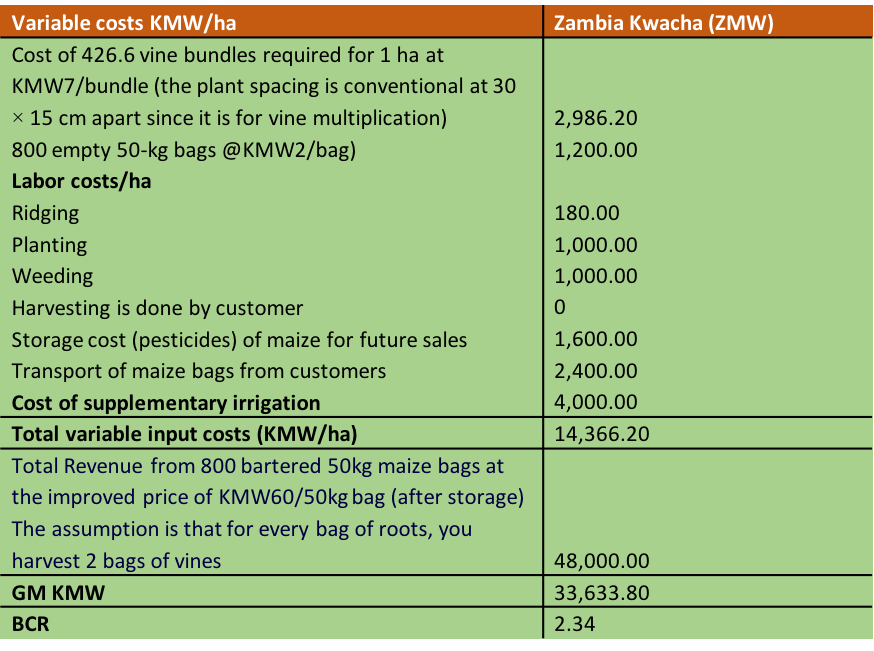 Table 2. Profitability analysis for sweet potato production by the Mumbas