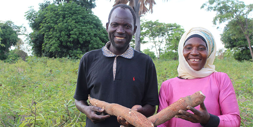 Saada with her husband on their three-acre cassava seed farm, excited with the performance of their cassava seed variety. (Photo credit: Gloriana Ndibalema).